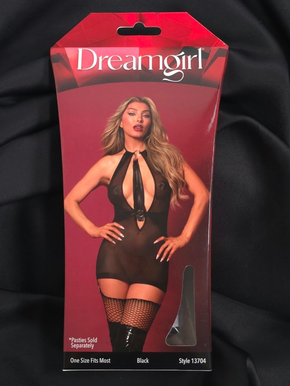 Dreamgirl Black Mesh Faux Leather Garter Slip Halter One Size 13704